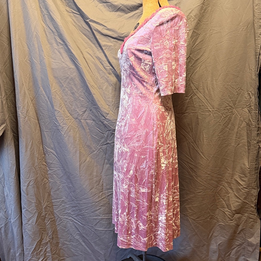 Pink Lace-Trim Soft Crushed Velvet Betsey Johnson Dress with Rose Appliques - Picture 3 of 5
